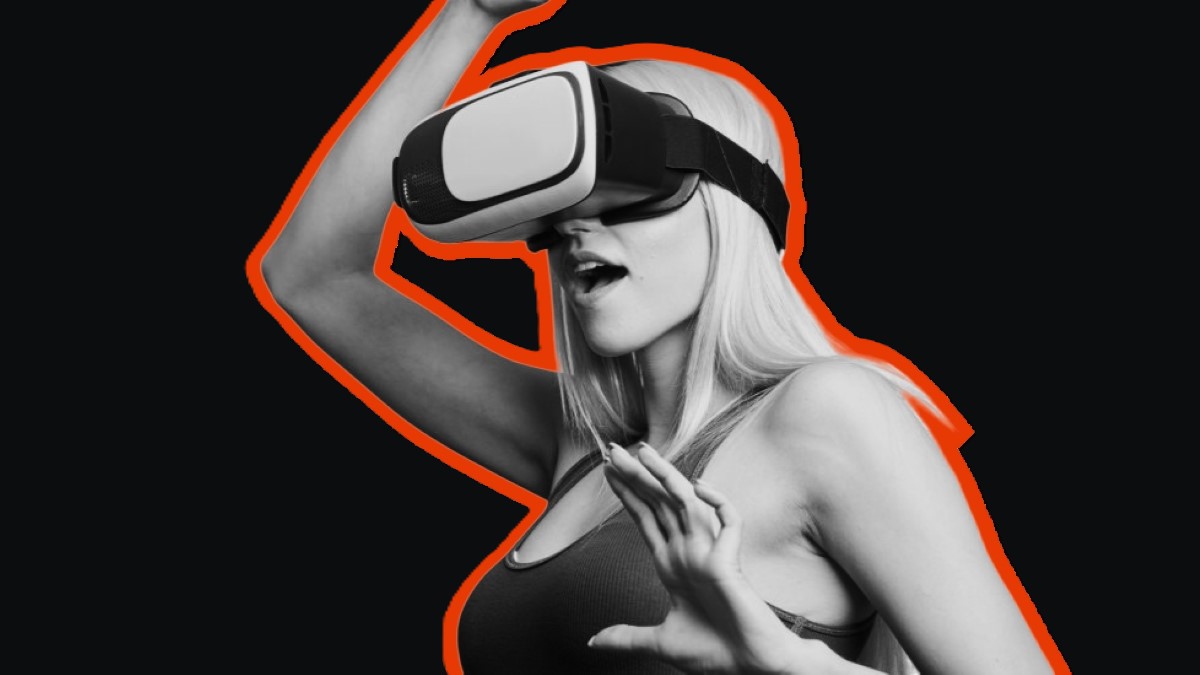 A blonde woman watching VR porn.