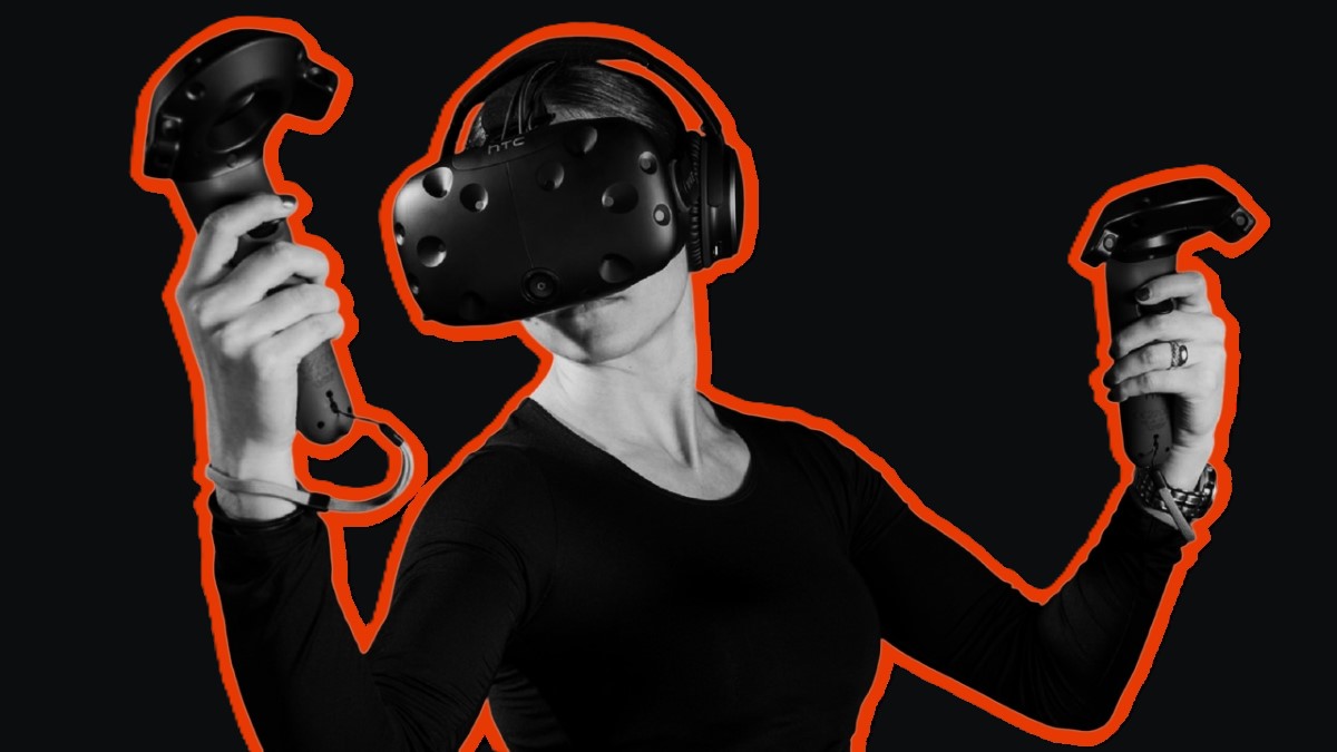 A woman trying out the controllers of HTC Vive.